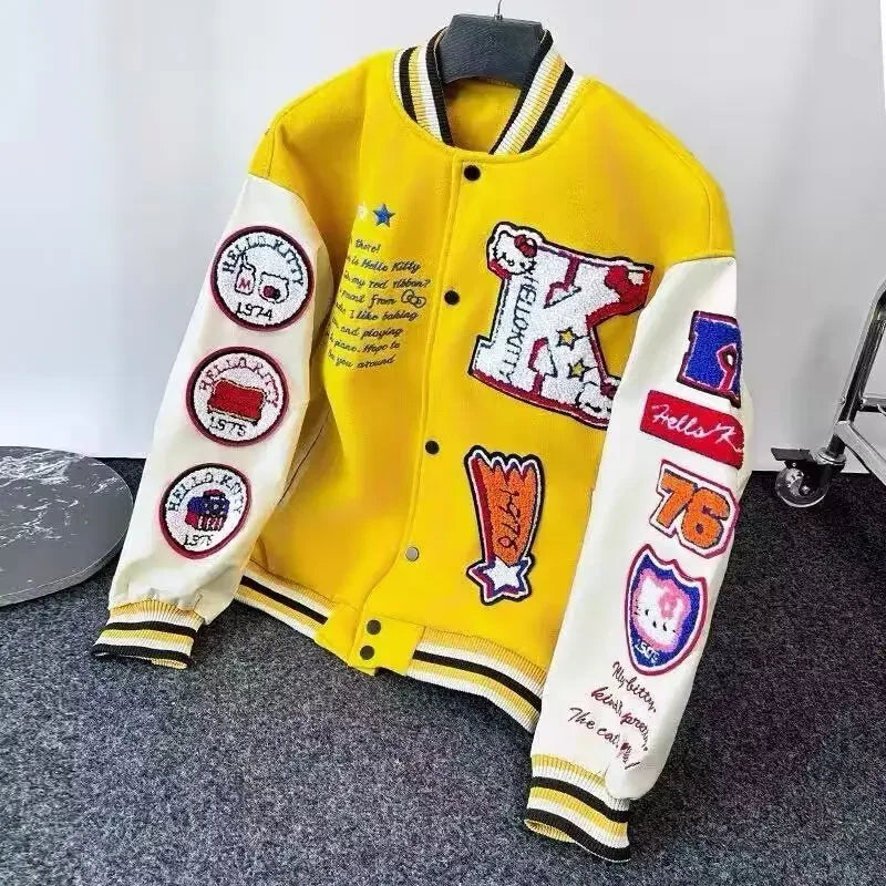 2025 American retro cat flocking embroidered splicing baseball uniform for men and women fashion brand loose stand collar jacket