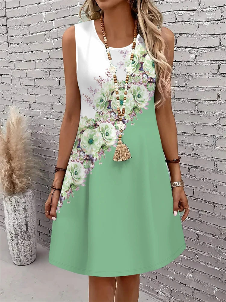 Summer New Women's Dresses Fashion Casual Sleeveless Dresses Floral Printed Round Neck Dresses Beach Vacation Women's Dresses