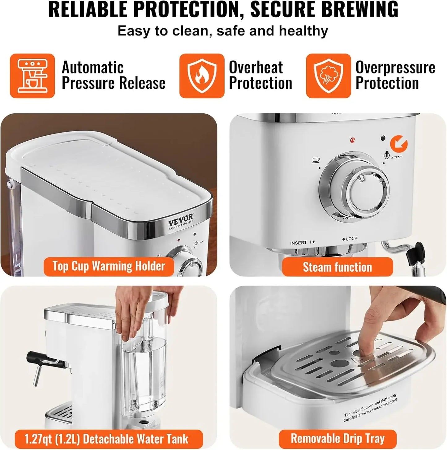 Espressomaschine, 15-Bar-Halbautomat mit Milchaufschäumer und Dampfdüse, professioneller Cappuccino-Funktion