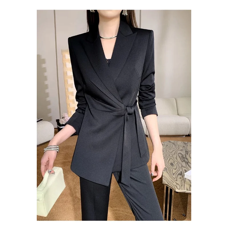 Women's New Patchwork Suit Collar Lace-up Fashionable Solid Color Long-sleeved Trousers Suit