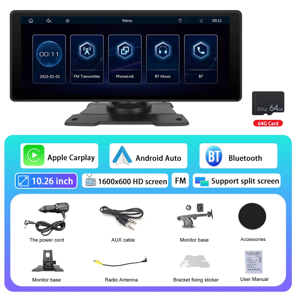 Hikity 10,26 Zoll Automonitor mit kabelloser CarPlay- und Android Auto-Funktion, MP5-Player, Smart-Player, Armaturenbrett, unterstützt Bluetooth, AirPlay und Rückfahrkamera