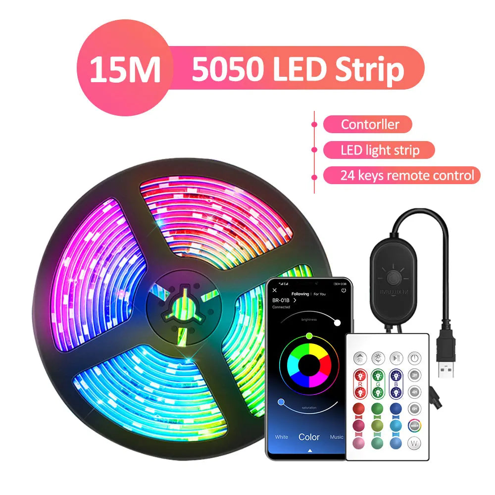 ColorRGB, LED Strip Lights 10M 15M, Music Sync Color Changing RGB LED Strip 24-Key Remote,APP Control, SMD5050, For TV PC Home