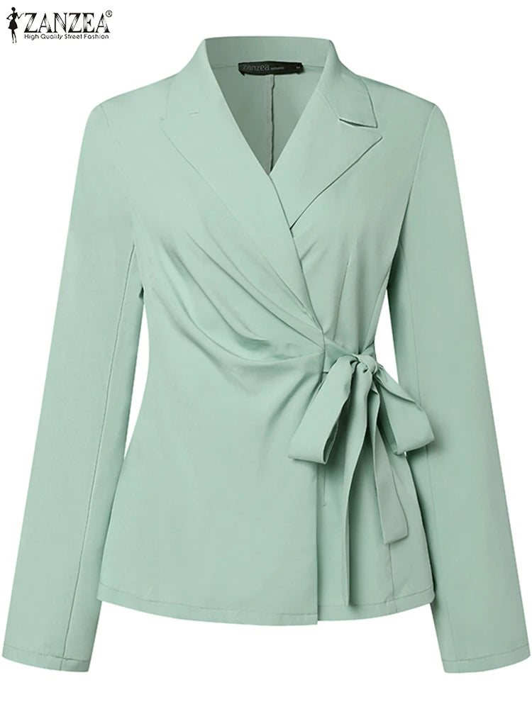 ZANZEA Classy Office Lady Blazer Suits Elegant Women Tied Waist Top and Pant 2pcs Outfit 2025 Trend Streetwear Commute Pant Sets