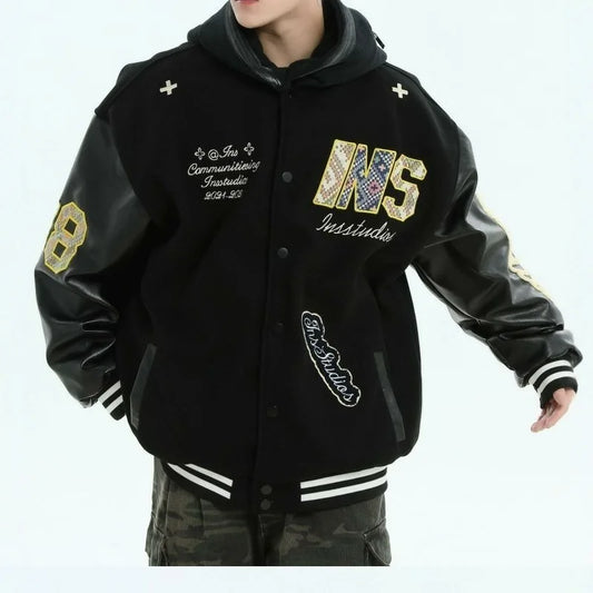 2025 New American Retro Embroidered Baseball Jacket Men's Loose Trendy Outerwear INS Letter Splicing Jacket Polyester Fiber