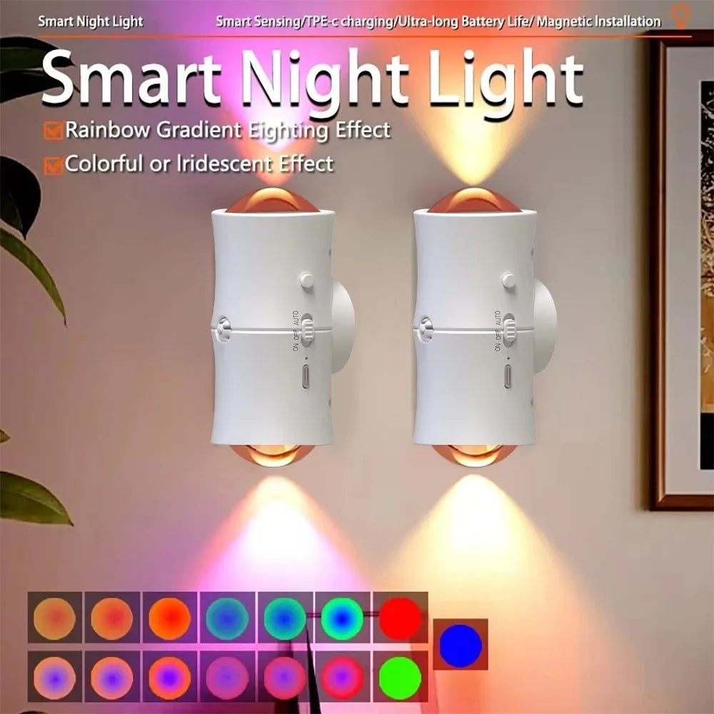 Motion Sensor LED RGB Night Light USB Charging Double Head Intelligent Human Induction 7Color Wall Lamp Suitable for Stair Aisle