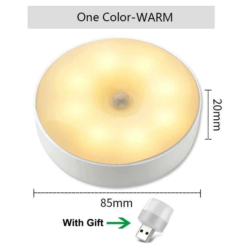 Motion Sensor Light Led USB NightLights Round Chargeable Lamp for Kids Bedroom Kitchen Stair Hallway Wardrobe Cupboard Lighting