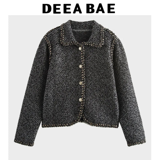 DEEABAE Women's Clothing Trend 2025 Spring Gray Lapel Cardigan Korean Style Trendy Heavy Gold Thread Decoration Outerwears