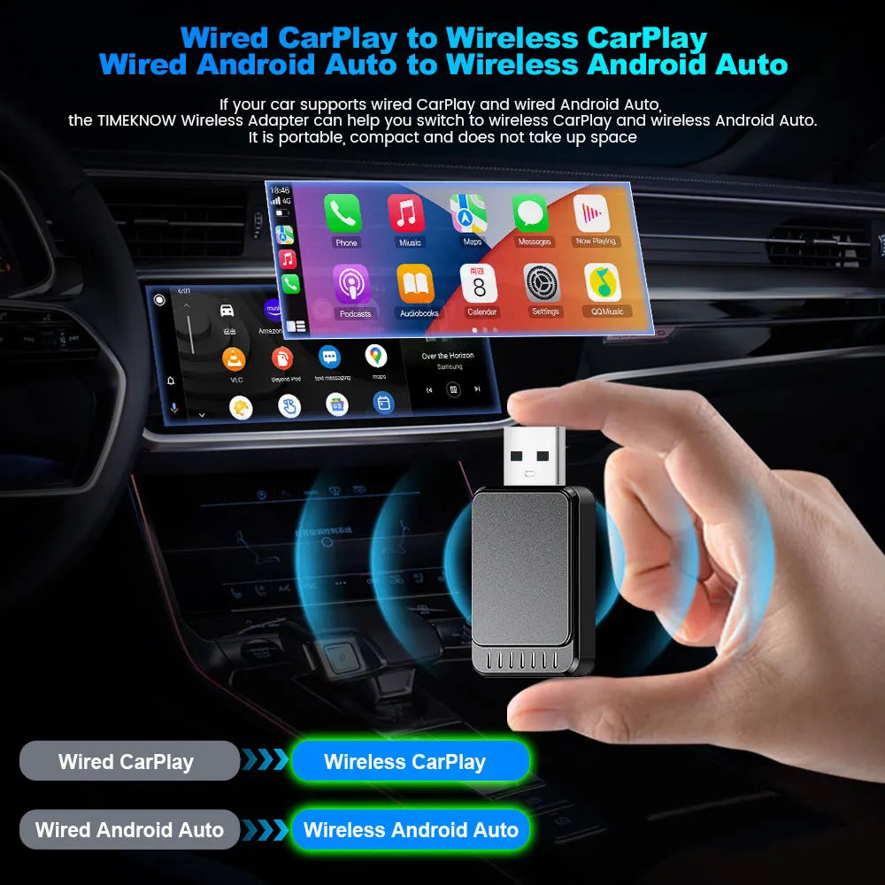TIMEKNOW NEW Wireless CarPlay AdapterWireless Android Auto Adapter 2 in 1 for Mazda Subaru Citroen Audi Mercedes Kia Ford Opel
