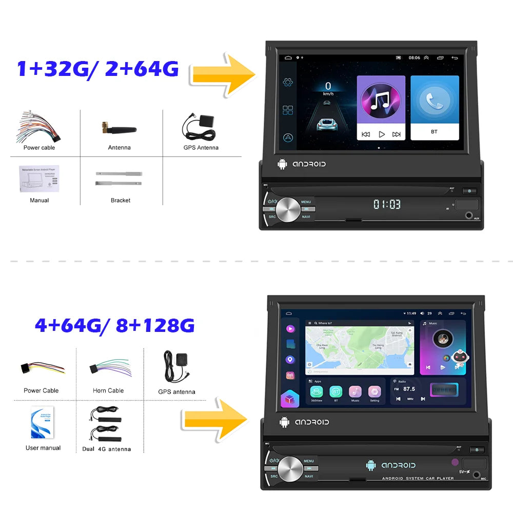 Podofo 1Din 7 ''Car Multimedia Player 8 + 128G 8Core Car Radio Carplay Android Car WIFI GPS Navigation Retractable Screen Stereo