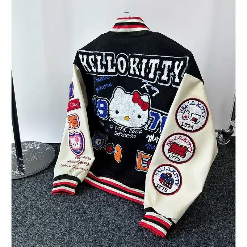 2025 American retro cat flocking embroidered splicing baseball uniform for men and women fashion brand loose stand collar jacket