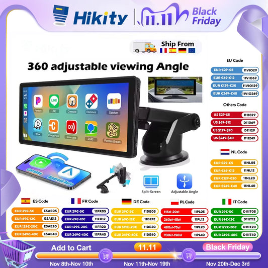 Hikity 10.26 Inch Car Monitor Wireless Carplay  Android Auto MP5 Smart Player Dashboard Supports Bluetooth AirPlay Rear Camera