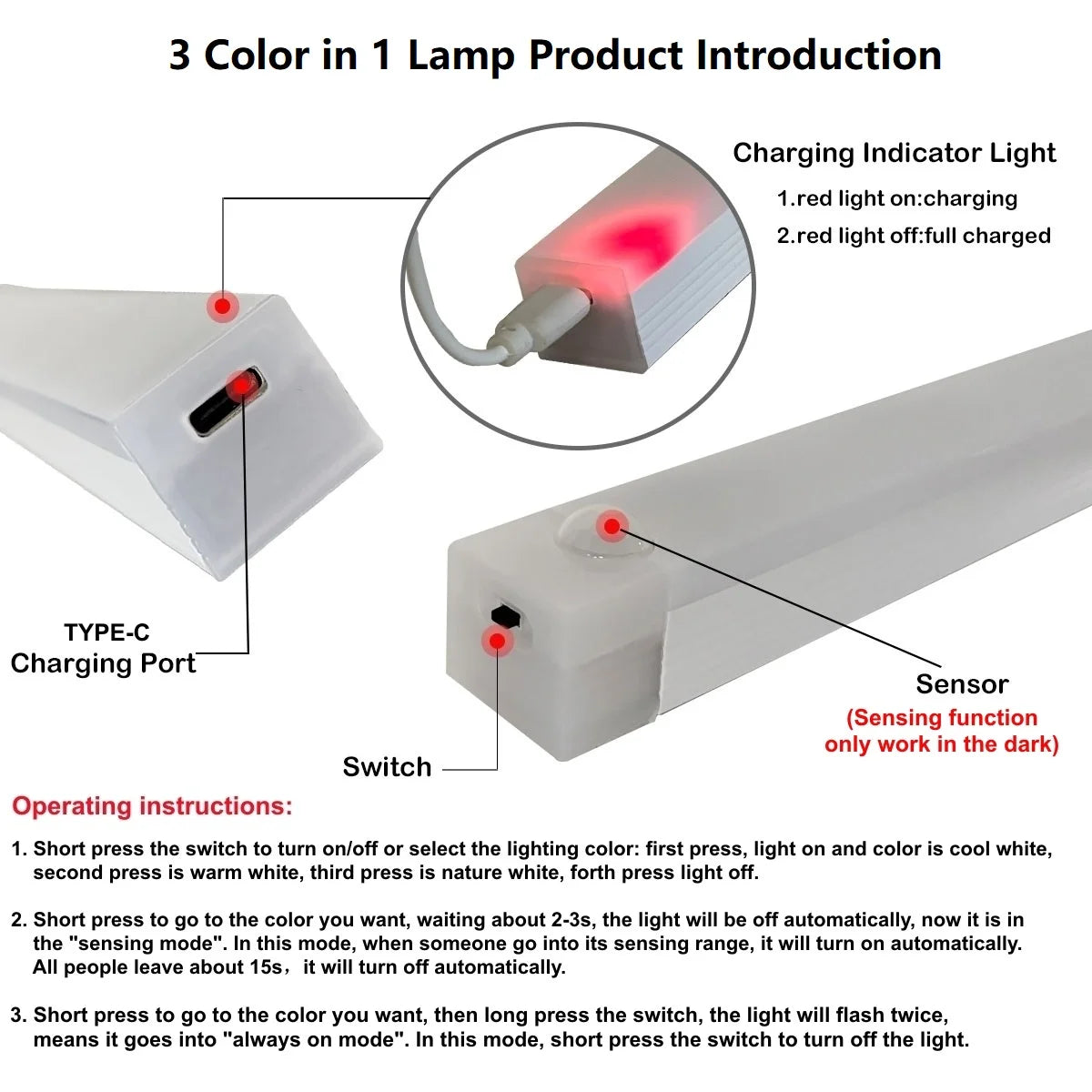 Motion Sensor Wireless LED Night Light USB Rechargeable Long Strip Bar Lamp for Kitchen Cabinet Wardrobe Bedside Staircase Tube