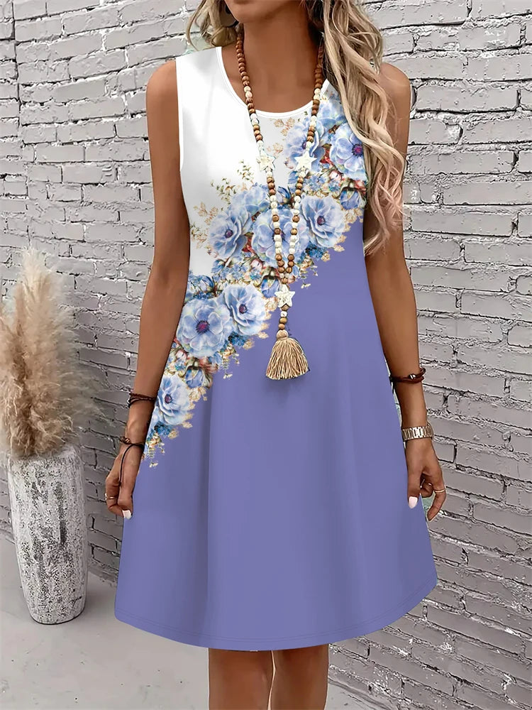 Summer New Women's Dresses Fashion Casual Sleeveless Dresses Floral Printed Round Neck Dresses Beach Vacation Women's Dresses