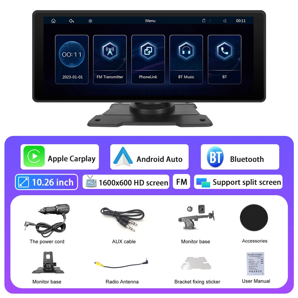 Hikity 10,26 Zoll Automonitor mit kabelloser CarPlay- und Android Auto-Funktion, MP5-Player, Smart-Player, Armaturenbrett, unterstützt Bluetooth, AirPlay und Rückfahrkamera
