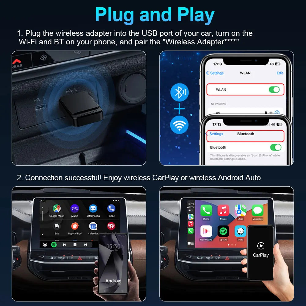 TIMEKNOW NEW Wireless CarPlay AdapterWireless Android Auto Adapter 2 in 1 for Mazda Subaru Citroen Audi Mercedes Kia Ford Opel