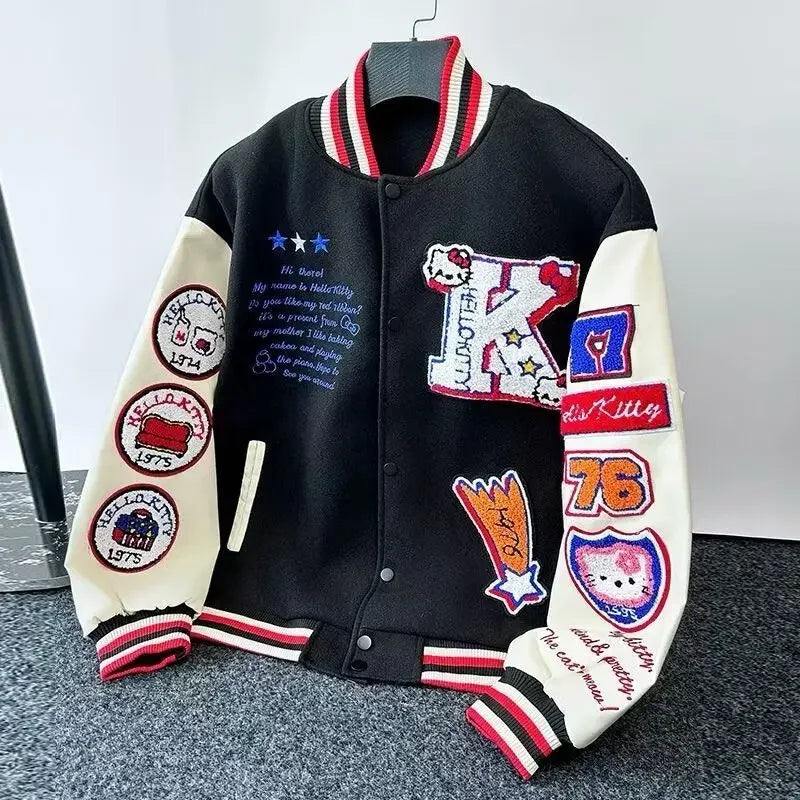 2025 American retro cat flocking embroidered splicing baseball uniform for men and women fashion brand loose stand collar jacket
