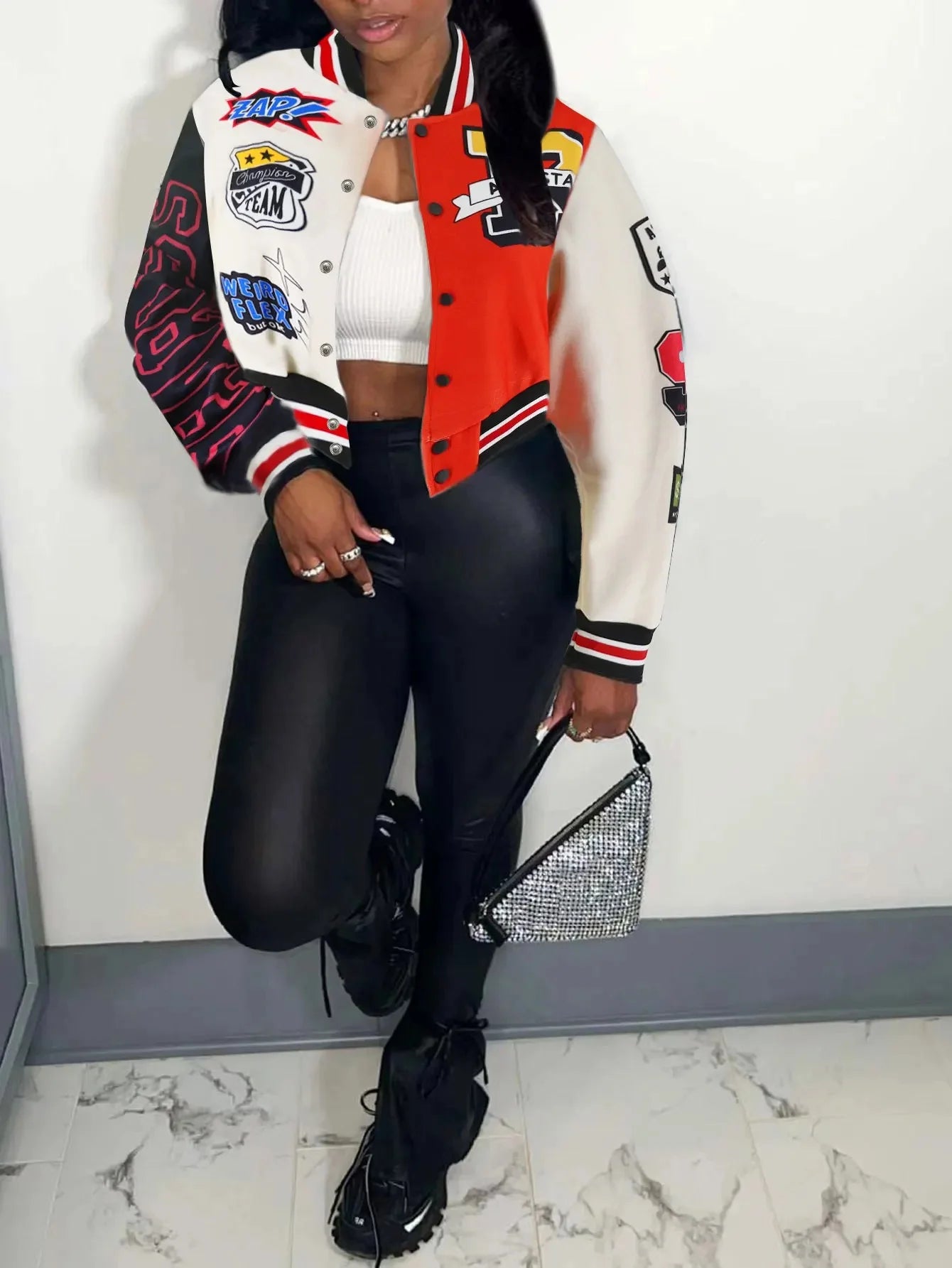 HZ8123 Women's Baseball Jacket Patchwork Embroidery Autumn Winter New American College Style Jacket Trendy Outerwear