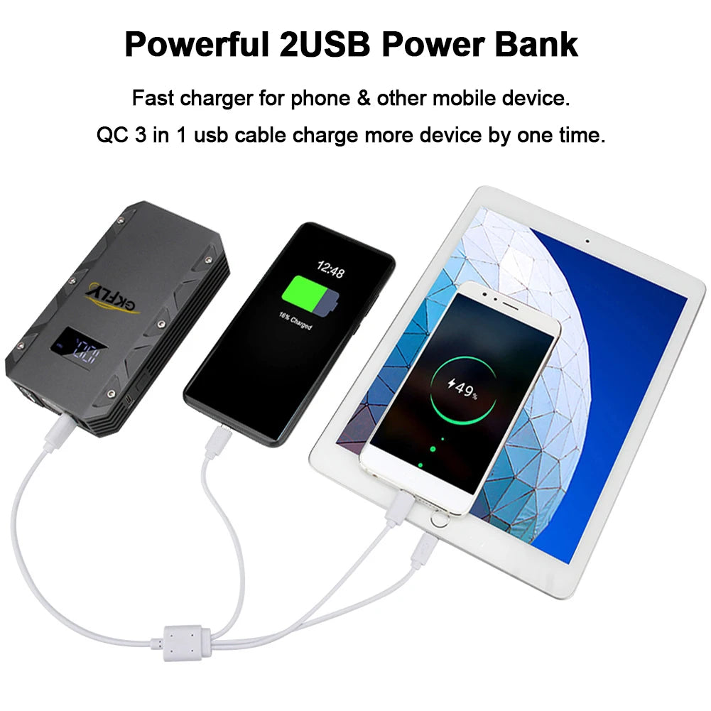 جهاز تشغيل السيارة GKFLY 3000A، جهاز تشغيل 12 فولت، بنك طاقة، شاحن معزز لبطارية السيارة، مناسب لسيارات البنزين والديزل