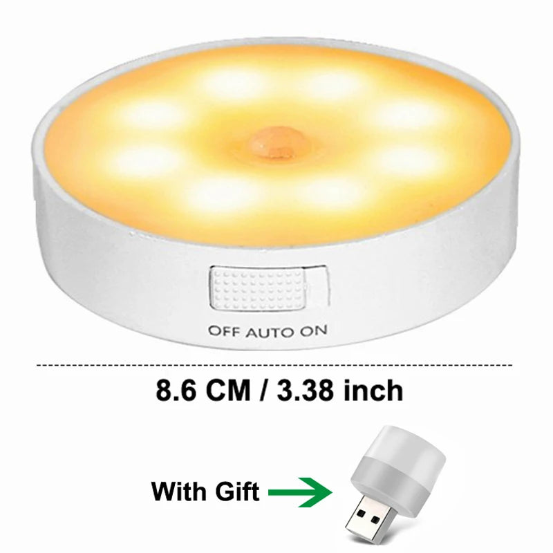 Motion Sensor Light Led USB NightLights Round Chargeable Lamp for Kids Bedroom Kitchen Stair Hallway Wardrobe Cupboard Lighting