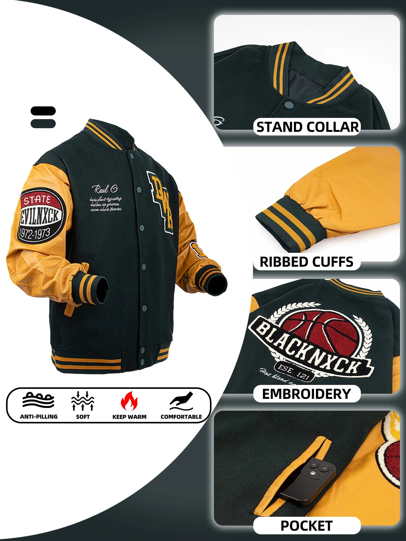 Men's Bomber Jacket Faux Leather Sleeves Varsity Coat Vintage Letterman Baseball Uniform Spring & Autumn Motorcycle  Streetwear