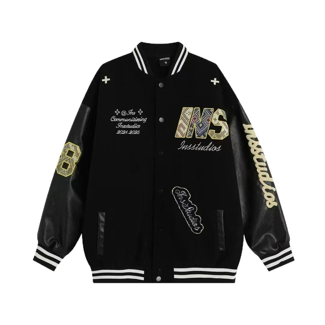 2025 New American Retro Embroidered Baseball Jacket Men's Loose Trendy Outerwear INS Letter Splicing Jacket Polyester Fiber