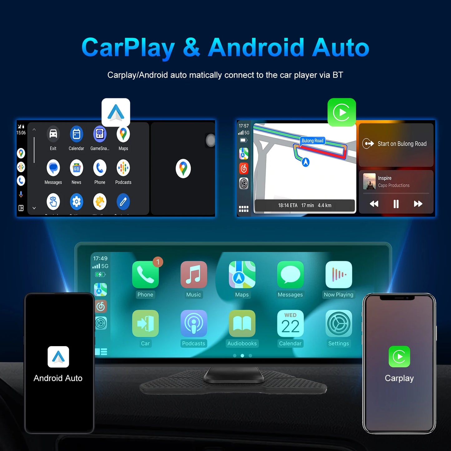 Hikity 10,26 Zoll Automonitor mit kabelloser CarPlay- und Android Auto-Funktion, MP5-Player, Smart-Player, Armaturenbrett, unterstützt Bluetooth, AirPlay und Rückfahrkamera