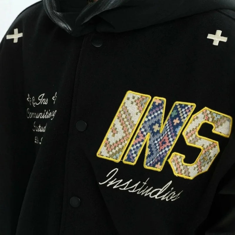 2025 New American Retro Embroidered Baseball Jacket Men's Loose Trendy Outerwear INS Letter Splicing Jacket Polyester Fiber