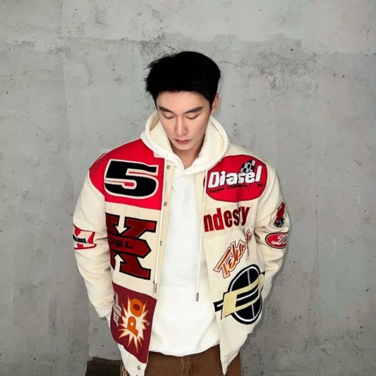 Hip-hop embroidery contrasting color stitching baseball uniform autumn and winter motorcycle loose heavy industry couple jacket
