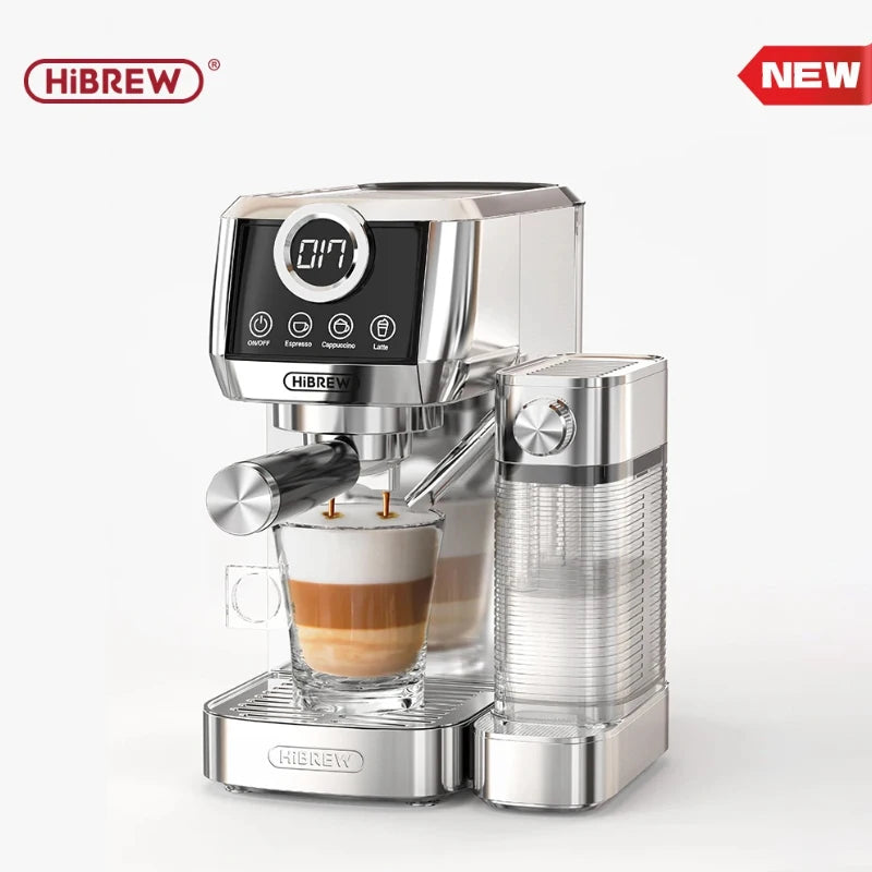 HiBREW 3-in-1 Halbautomatische Espressomaschine (Cappuccino, Latte Macchiato), Milchaufschäumer, Kaffeepulver, Edelstahl, H13A