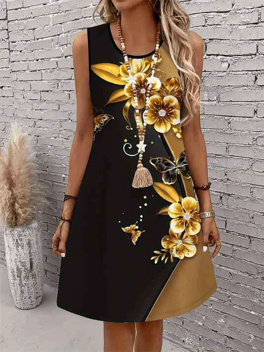 Summer New Women's Dresses Fashion Casual Sleeveless Dresses Floral Printed Round Neck Dresses Beach Vacation Women's Dresses