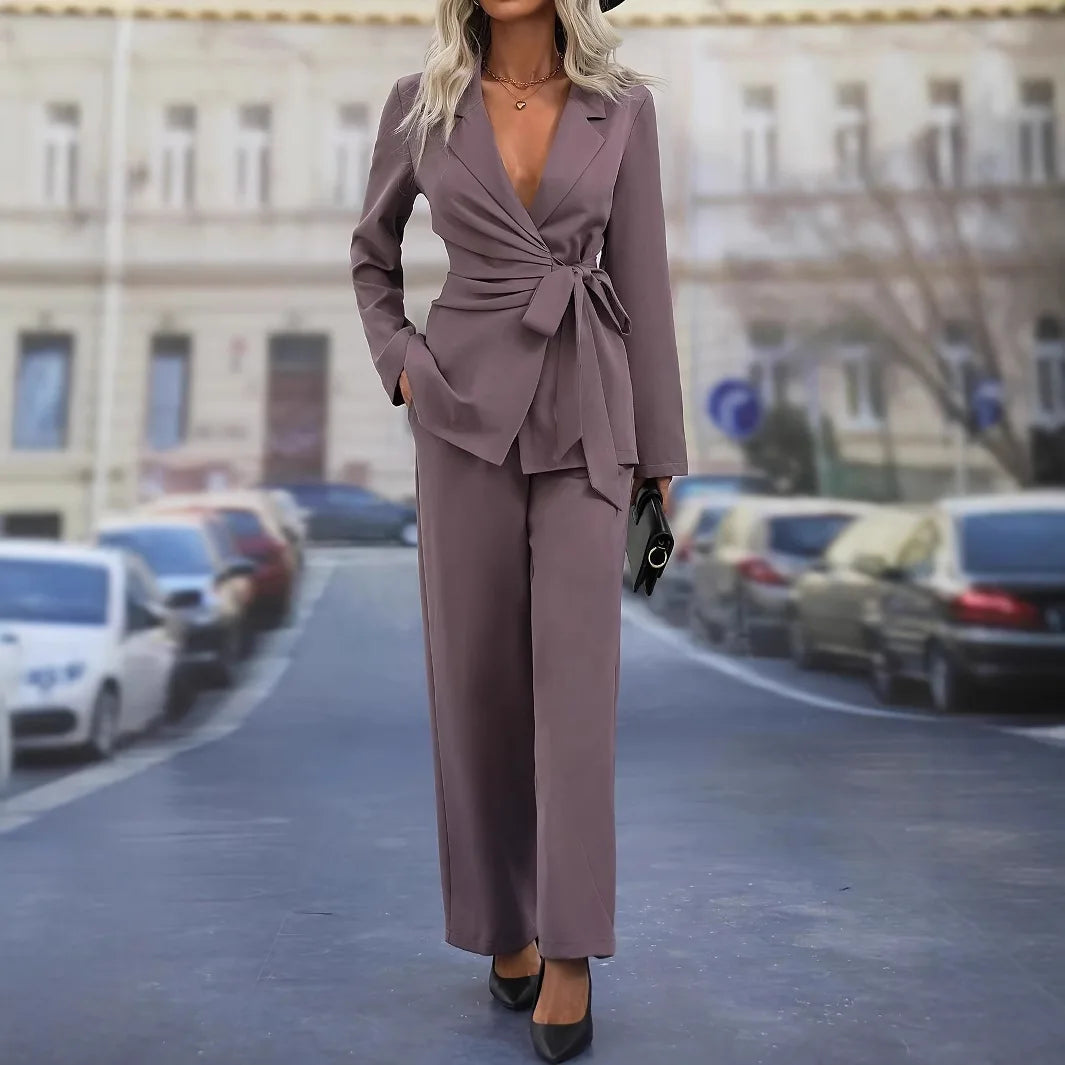 Pants Suit Women 2 Piece Set Coat Straight Trousers Ensemble Lace Up Turn Down Collar Blazer Autumn 2025 Office Lady Outfits