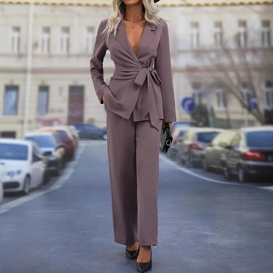 Pants Suit Women 2 Piece Set Coat Straight Trousers Ensemble Lace Up Turn Down Collar Blazer Autumn 2025 Office Lady Outfits