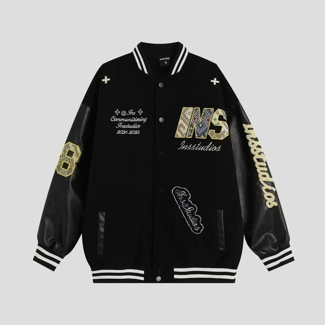 2025 New American Retro Embroidered Baseball Jacket Men's Loose Trendy Outerwear INS Letter Splicing Jacket Polyester Fiber