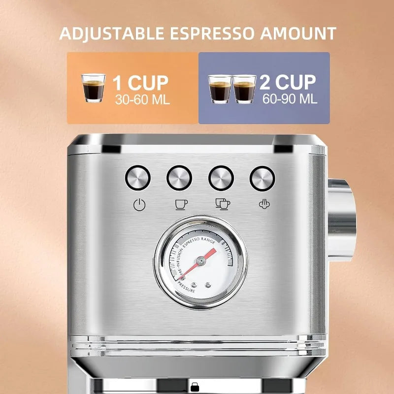 Kom-Pro Espresso Machine 20 Bar, Semi Automatic Stainless Steel Coffee Machine for Home Latte Cappuccino Espresso Maker