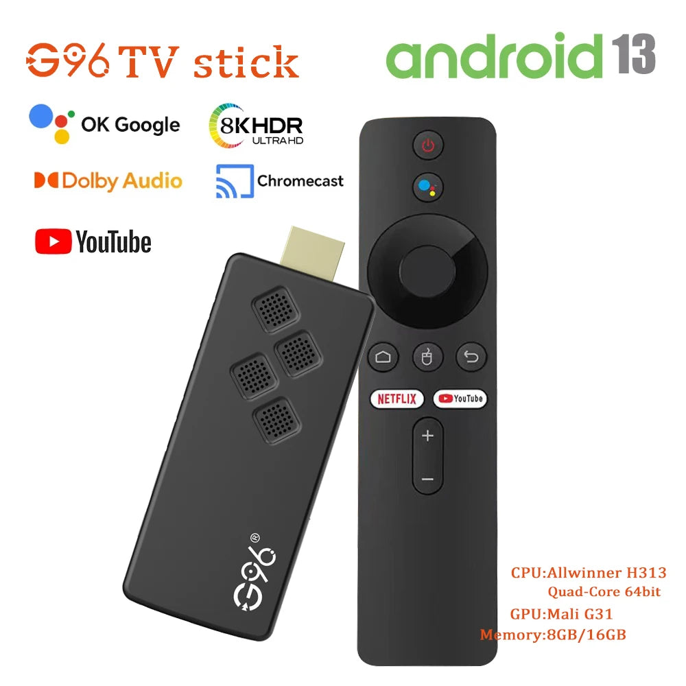 Global Version Android13 G96 TV Stick 8K Portable Streaming Media 2GB 16GB Multi Language TV Dongle Allwinner H313 Quad Core
