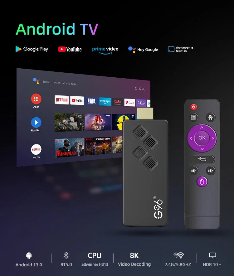 G96 Q2 Global Version TV Stick Google Assistant Android 13.0 4K Allwinner H313 Quad Core Portable Streaming Media Player