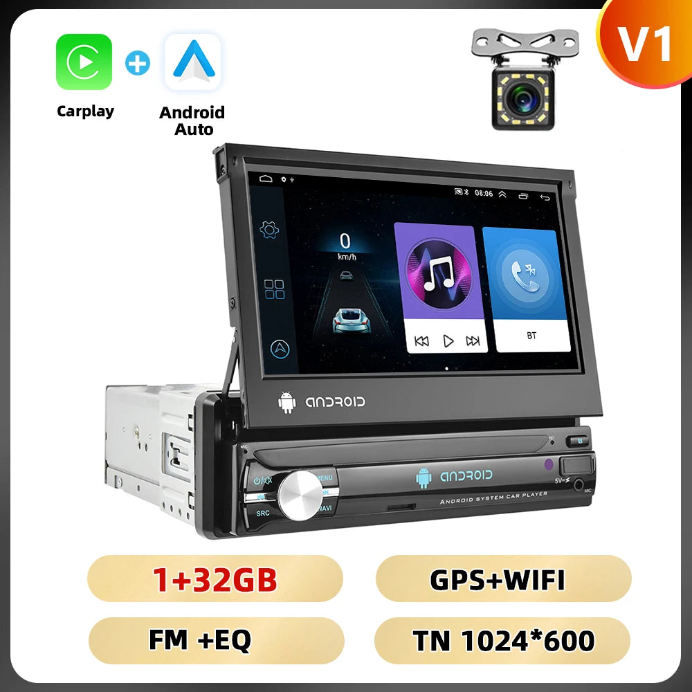 Podofo 1Din 7 ''Car Multimedia Player 8 + 128G 8Core Car Radio Carplay Android Car WIFI GPS Navigation Retractable Screen Stereo