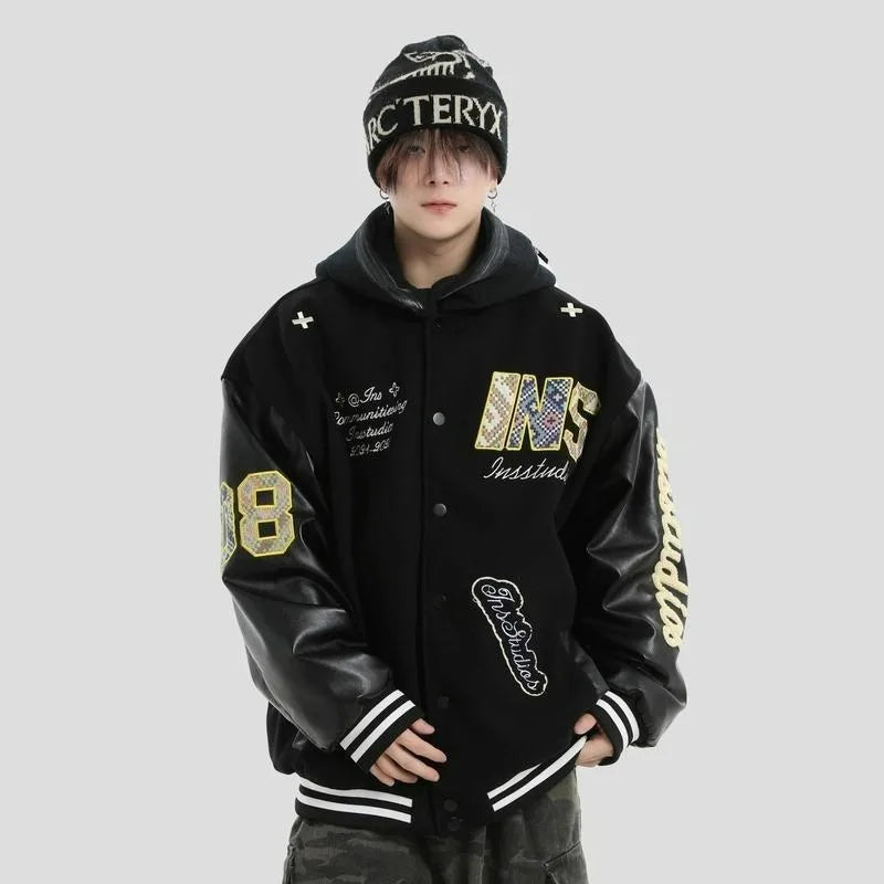 2025 New American Retro Embroidered Baseball Jacket Men's Loose Trendy Outerwear INS Letter Splicing Jacket Polyester Fiber