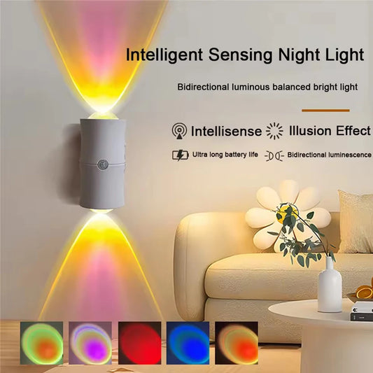 Motion Sensor LED RGB Night Light USB Charging Double Head Intelligent Human Induction 7Color Wall Lamp Suitable for Stair Aisle