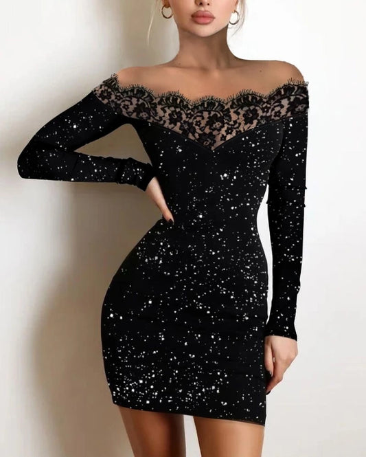 Women's Dresses 2022 Summer Fashion Sexy Off Shoulder Contrast Lace Glitter Plain Skinny Party Mini Long Sleeve Dress