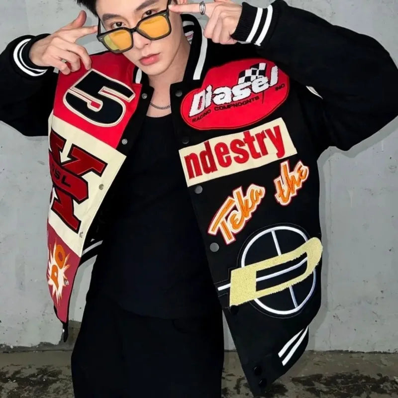 Hip-hop embroidery contrasting color stitching baseball uniform autumn and winter motorcycle loose heavy industry couple jacket