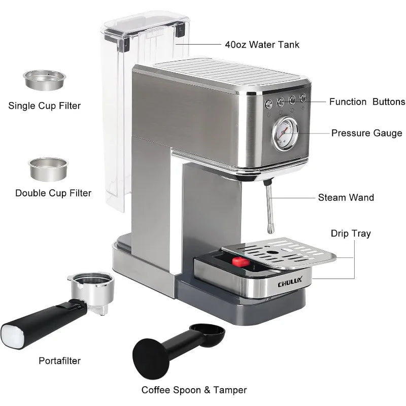 Kom-Pro Espresso Machine 20 Bar, Semi Automatic Stainless Steel Coffee Machine for Home Latte Cappuccino Espresso Maker