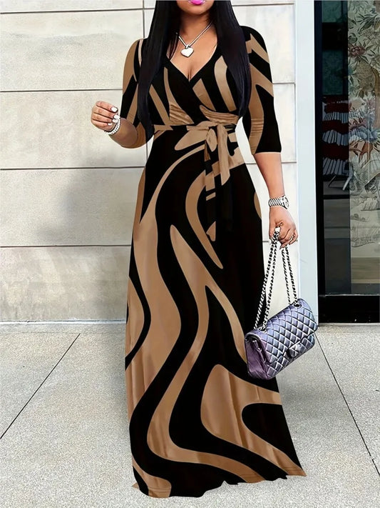 Women's Fashion Print Dress For Women Casual Sexy Deep V Neck Lace-Up Loose Dresses Robe Femme Summer Holiday Womens Clothing