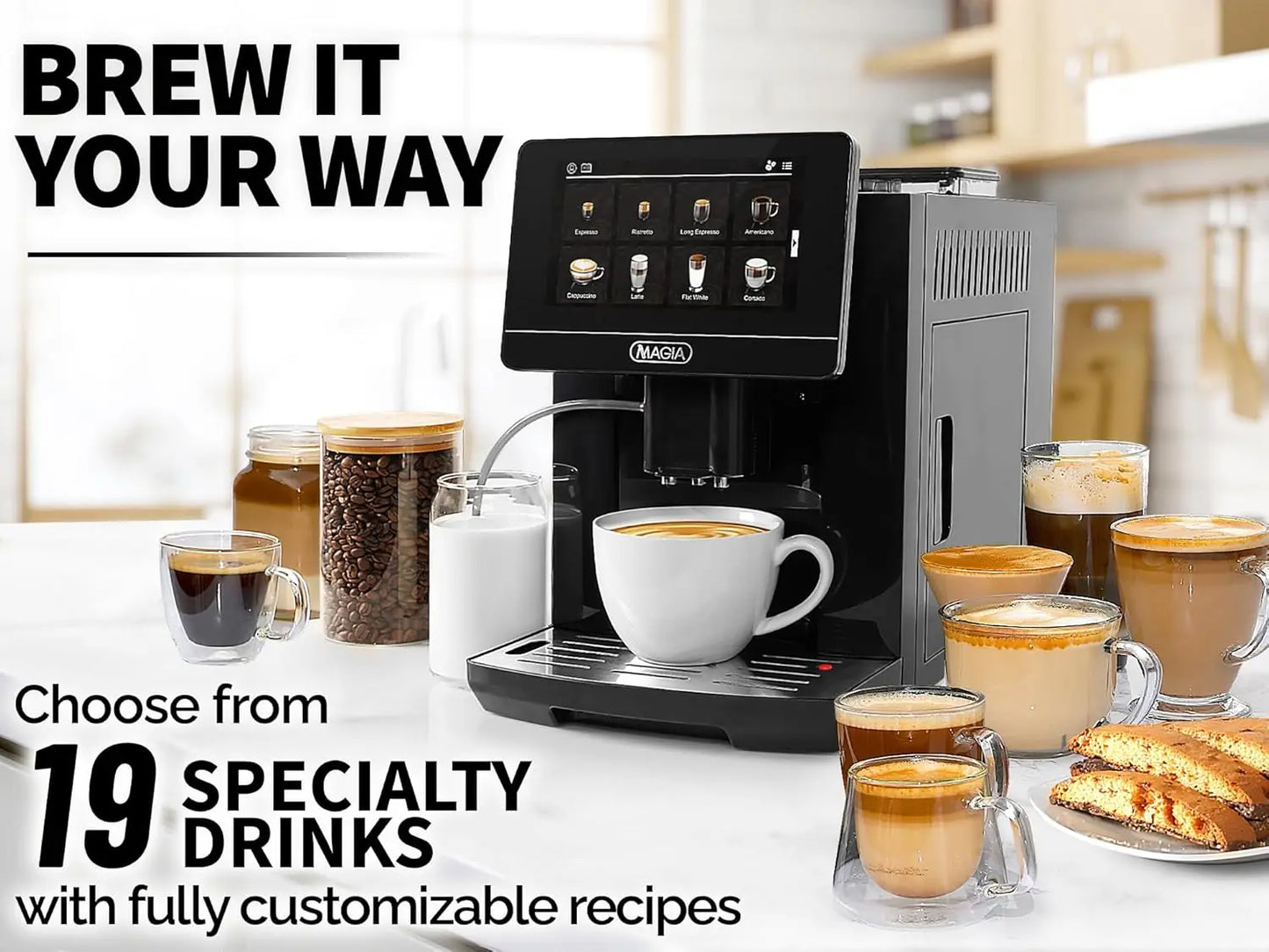 Automatic Espresso Machine With Grinder - 19 Customizable Coffee Options - Auto-Cleaning For Easy Maintenance - Milk-Foam