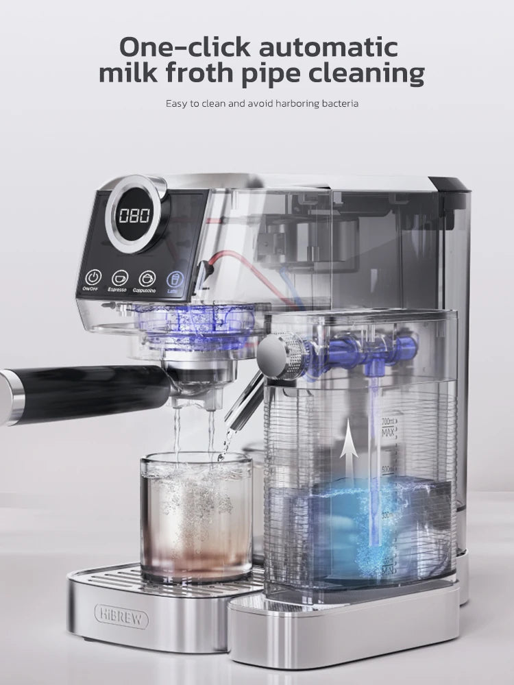 HiBREW 3-in-1 Halbautomatische Espressomaschine (Cappuccino, Latte Macchiato), Milchaufschäumer, Kaffeepulver, Edelstahl, H13A