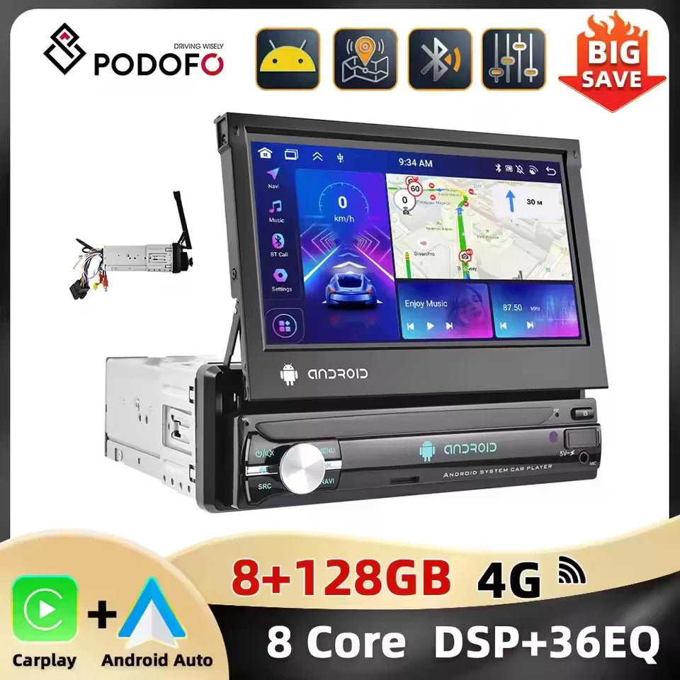 Podofo 1Din 7 ''Car Multimedia Player 8 + 128G 8Core Car Radio Carplay Android Car WIFI GPS Navigation Retractable Screen Stereo