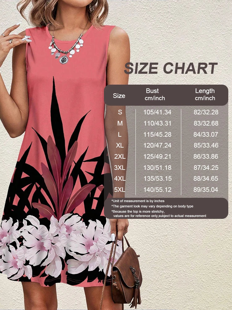Summer New Women's Dresses Fashion Casual Sleeveless Dresses Floral Printed Round Neck Dresses Beach Vacation Women's Dresses