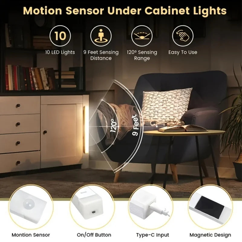 Motion Sensor Lamp, Wireless LED Bar Light USB Type C Rechargeable Night Light for Kitchen Cabinet Bedroom Wardrobe Staircase