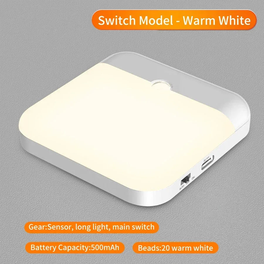 Motion Sensor Led Light Usb TYPE-C Charging Square Lamp For Stair Hallway Wardrobe Cupboard Kitchen Bedroom Lighting Night Light