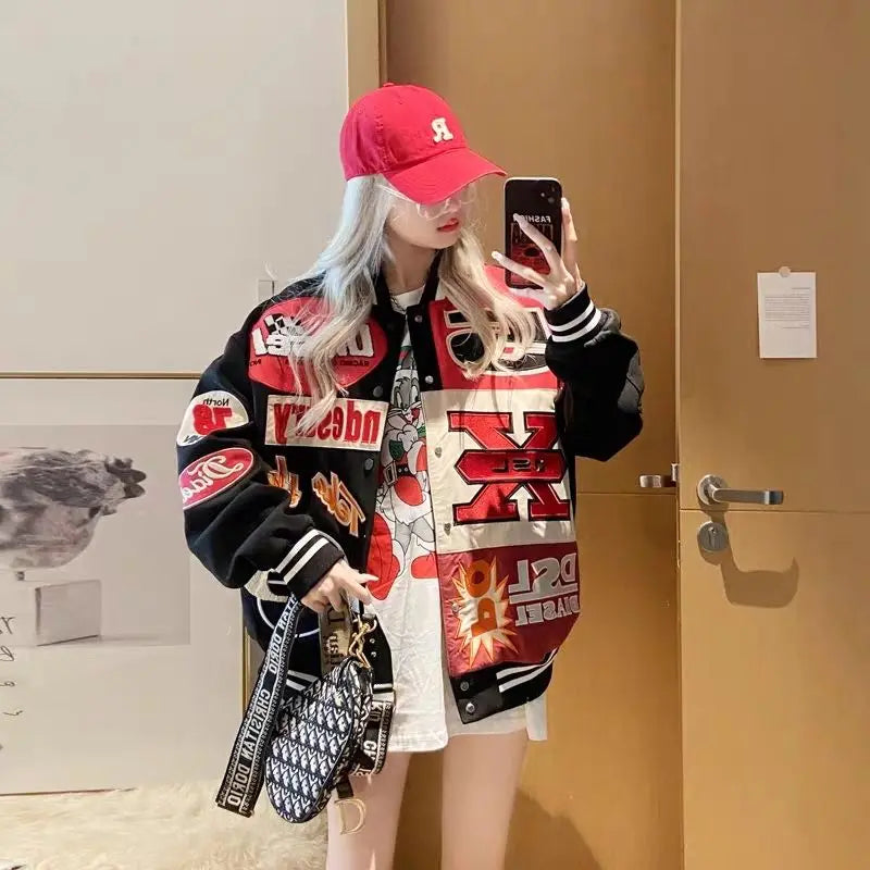 Hip-hop embroidery contrasting color stitching baseball uniform autumn and winter motorcycle loose heavy industry couple jacket